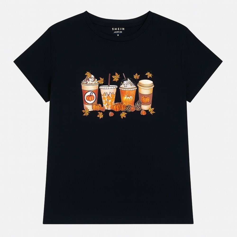 Black autumn t-shirt with pumpkin drinks